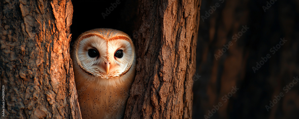 A barn owl peeks from the hollow of a tree trunk, illuminated by soft, warm light, showcasing its unique features and serene presence. A barn owl peeks from the hollow of a tree trunk, illuminated by soft, warm light, showcasing its unique features and serene presence.