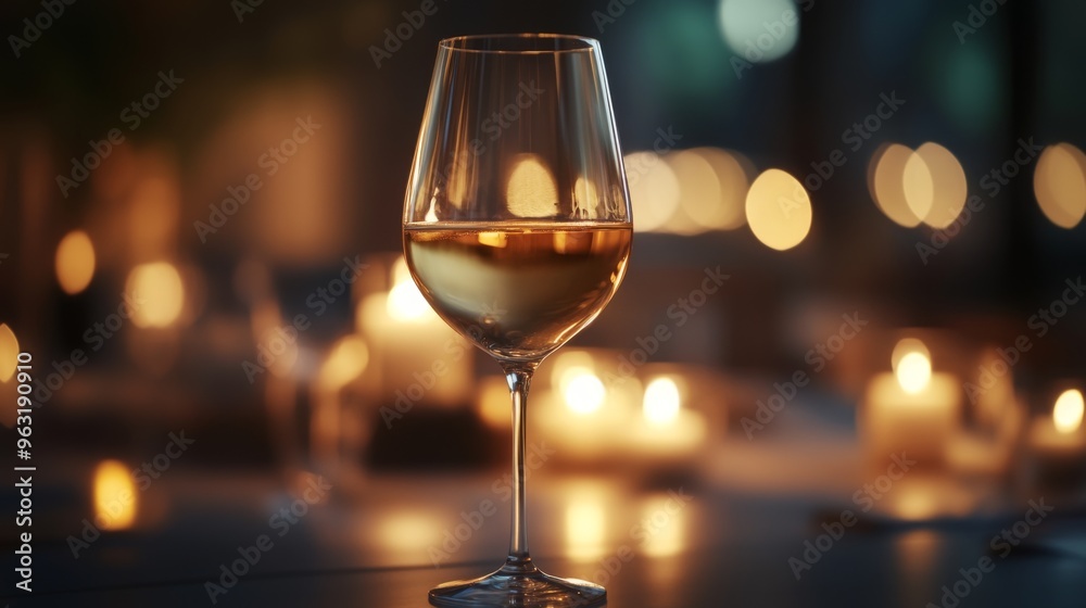 High-definition shot of a single wine glass with a rich, golden white wine, elegantly set on a table with soft, ambient lighting in the background. High-definition shot of a single wine glass with a rich, golden white wine, elegantly set on a table with soft, ambient lighting in the background.