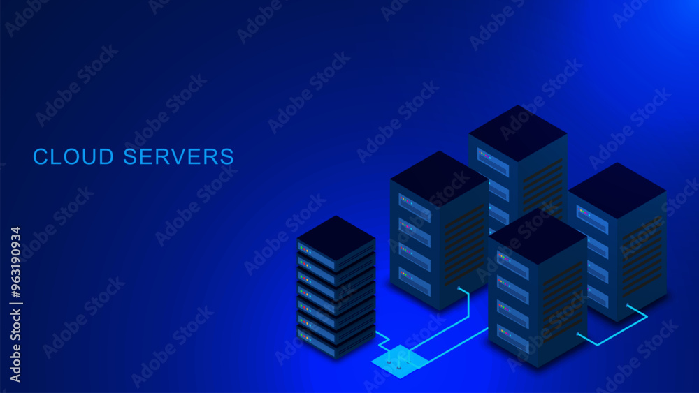 Isometric style server computer rack on blue background. Server room, cloud data storage technology and data center concept Isometric style server computer rack on blue background. Server room, cloud data storage technology and data center concept