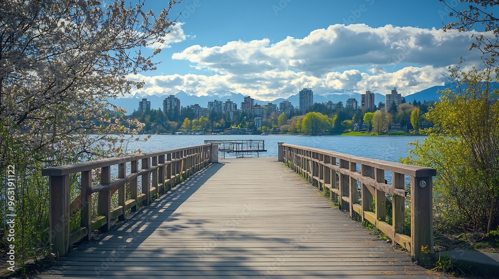 Pier and walkway by riverside Sunny spring day in beautiful riverpark in New Westminster BC Canada Beautiful spring landscape Nobody Street photo travel photo : Generative AI Pier and walkway by riverside Sunny spring day in beautiful riverpark in New Westminster BC Canada Beautiful spring landscape Nobody Street photo travel photo : Generative AI