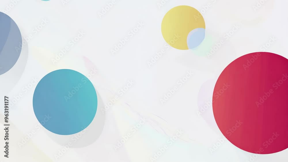  Abstract design featuring various colored circles of different sizes floating on a white background. The colors include shades of blue, red, and yellow, creating a minimalist and playful visual compo