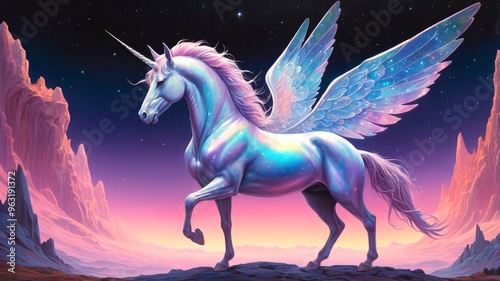 Unicorns Rearing 3d illustration - A Unicorn is a mythical creature that has a white coat, cloven hooves and a spiral forehead horn. photo