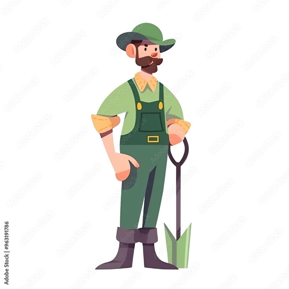 An illustration of a bearded male farmer holding a shovel An illustration of a bearded male farmer holding a shovel