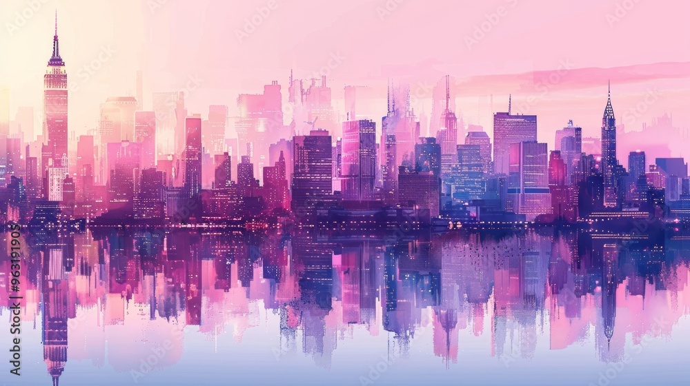 A stunning and vibrant depiction of a city skyline reflected beautifully at sunset time A stunning and vibrant depiction of a city skyline reflected beautifully at sunset time