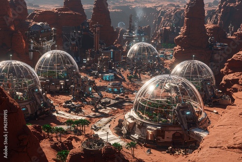 Futuristic domed cities in an alien landscape with rocky cliffs and spires #963191915