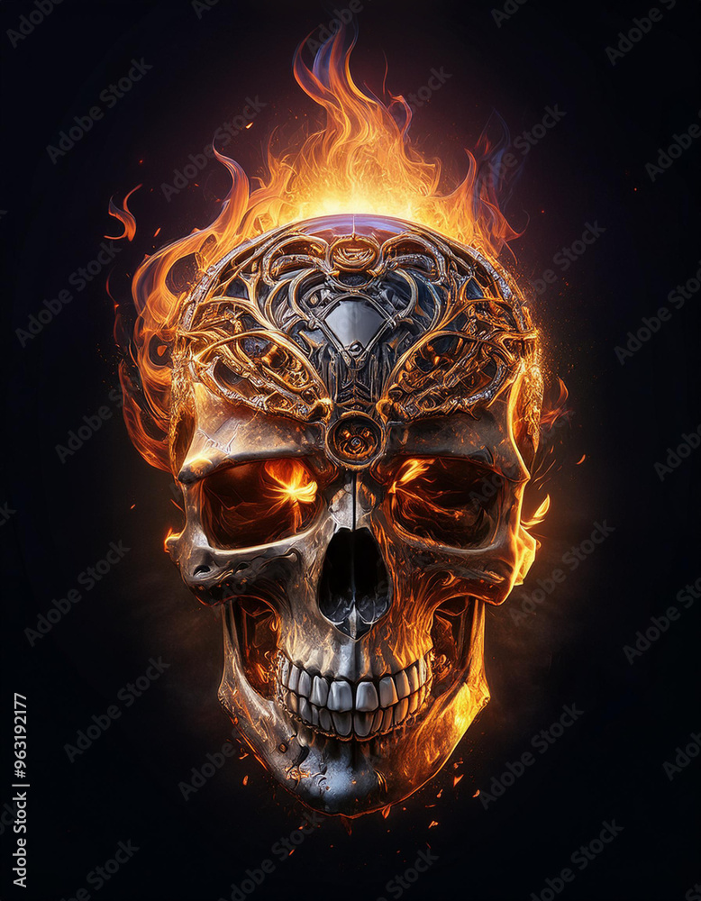 calavera tatuada ardiendo sobre fondo negro calavera tatuada ardiendo sobre fondo negro