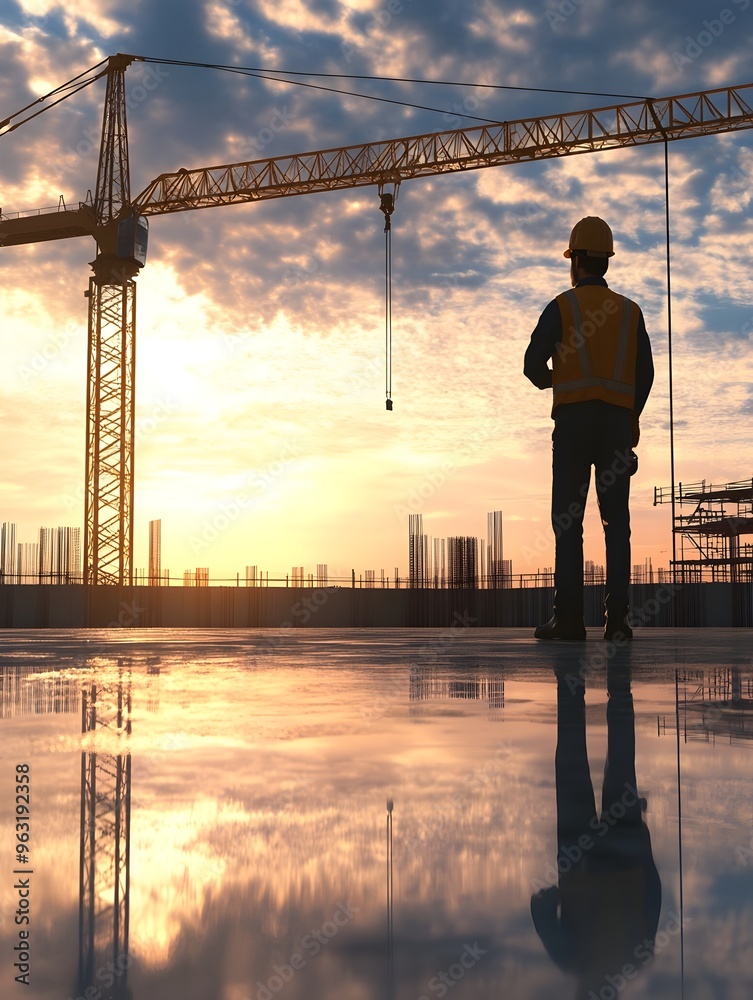 Fototapeta premium Silhouetted Construction Crane Reflecting in Peaceful Sunset Cityscape