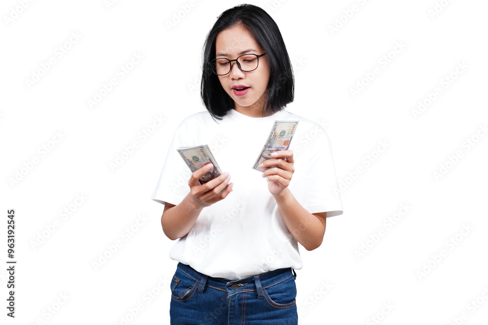An sad asian woman counting money isolated transparent An sad asian woman counting money isolated transparent