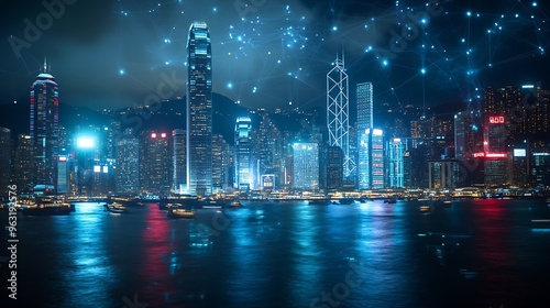 Smart network and Connection technology concept Hong Kong digital city background at night in victoria harbour Cyberpunk color style Panorama view : Generative AI