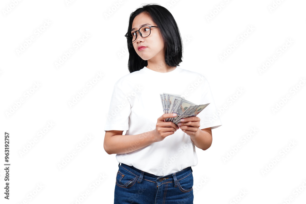 An sad asian woman counting money isolated transparent An sad asian woman counting money isolated transparent