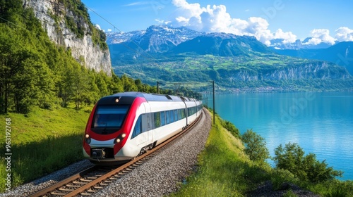 High-definition shot of an electric train passing through a scenic countryside, highlighting the contrast between the train and the natural landscape.