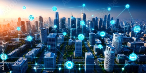 Modern cityscape and communication network concept. Telecommunication. IoT (Internet of Things). ICT (Information communication Technology). 5G. Smart city. Digital transformation.