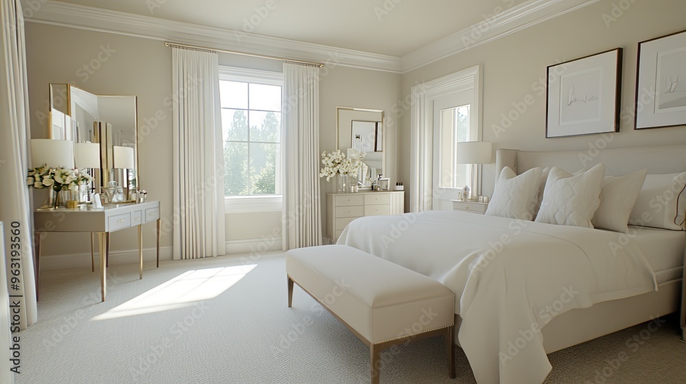 Fototapeta premium A beautiful modern bedroom showcases a light pink bed, stylish chest of drawers, and a white dressing table, all accented with soft beige tones in a Scandinavian design