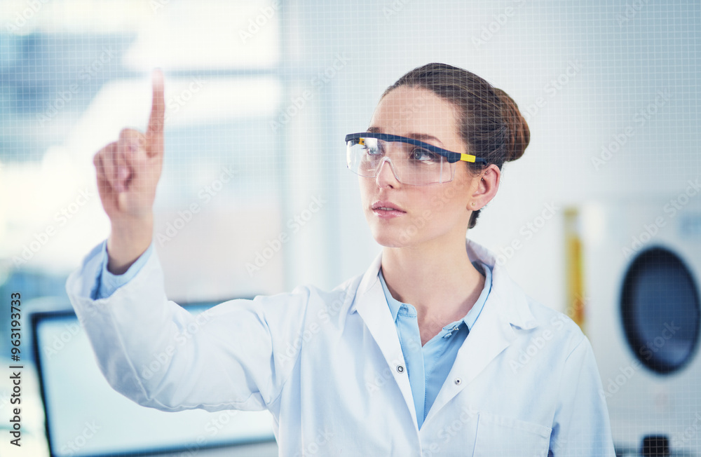 Woman, chemical engineering and science laboratory in PPE for innovation or medical research. Scientist, gesture and experiment for biotechnology, overlay and mockup space in forensic or mpox vaccine Woman, chemical engineering and science laboratory in PPE for innovation or medical research. Scientist, gesture and experiment for biotechnology, overlay and mockup space in forensic or mpox vaccine