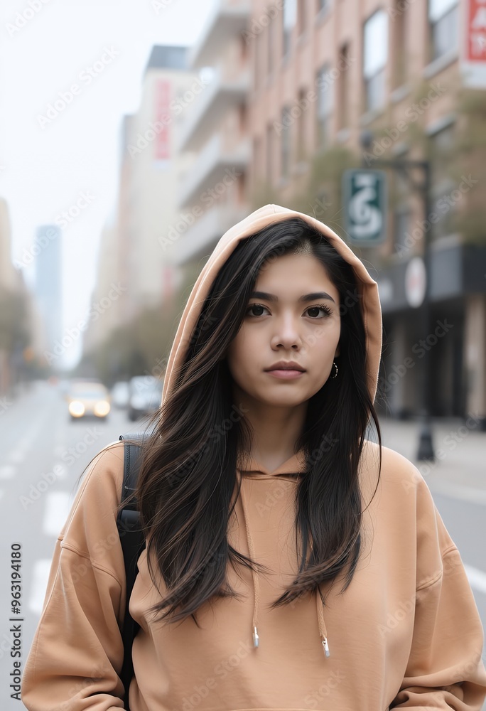 A woman in a light brown hoodie stands in front of a city street A woman in a light brown hoodie stands in front of a city street