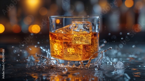 A close-up of a glass of whiskey with ice cubes, the liquid is splashing out of the glass.