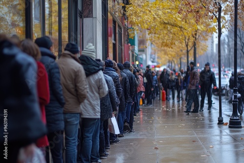 People waiting in line on a rainy day