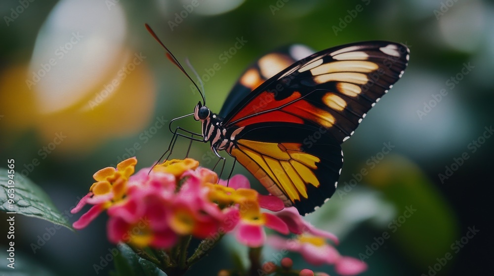 High-resolution close-up of a butterfly perched on a flower, showcasing its colorful wings, delicate details, and the flower's texture High-resolution close-up of a butterfly perched on a flower, showcasing its colorful wings, delicate details, and the flower's texture