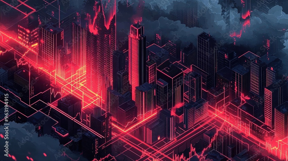 Futuristic cityscape with neon red lights and dark clouds, creating a mysterious and technological atmosphere. Futuristic cityscape with neon red lights and dark clouds, creating a mysterious and technological atmosphere.