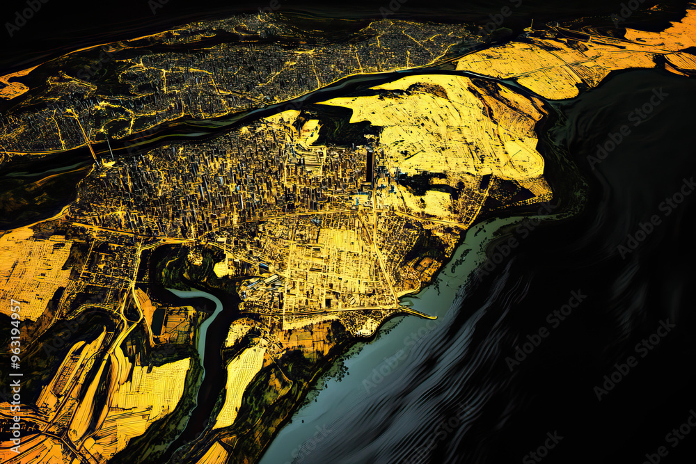 Fototapeta premium Technical aerial visual, 3D LiDAR GIS aerial map satellite scan model isolated, showing Porto Alegre, Brazil . Elevation, topography, render