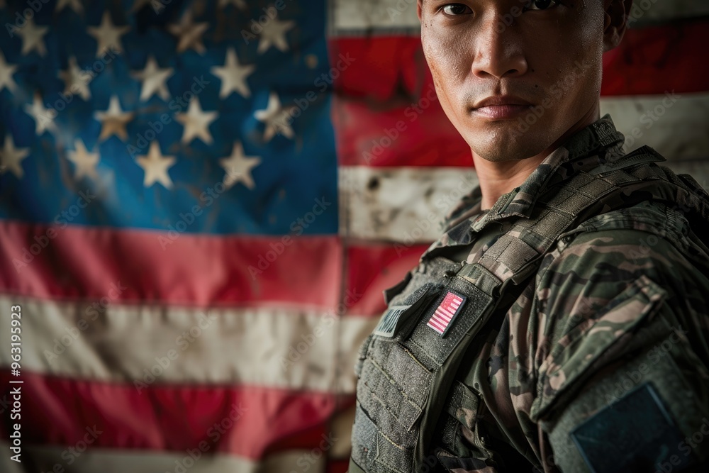 An American soldier stands in front of the Bruneian flag, with an American badge on his arm and shoulder An American soldier stands in front of the Bruneian flag, with an American badge on his arm and shoulder