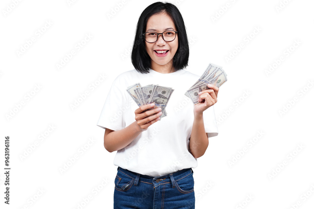 A smiling asian woman counting money isolated transparent A smiling asian woman counting money isolated transparent