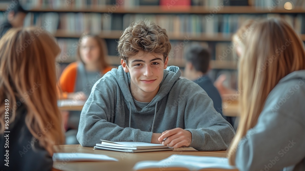 Secondary Or High School Students Collaborating In Study Area With Teachers In Background : Generative AI Secondary Or High School Students Collaborating In Study Area With Teachers In Background : Generative AI