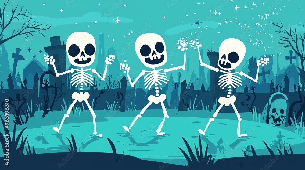 Skeletons dancing in a graveyard, playful scene, flat design illustration Skeletons dancing in a graveyard, playful scene, flat design illustration