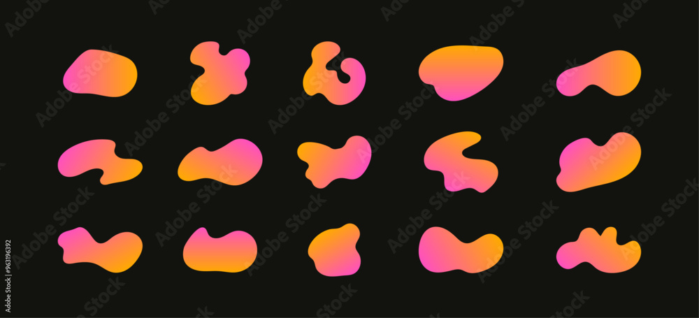 Set of gradient irregular blobs in pink and orange colors. Liquid amoeba forms, different shapes and freeform elements for design templates, icons, sticker, poster. Vector Set of gradient irregular blobs in pink and orange colors. Liquid amoeba forms, different shapes and freeform elements for design templates, icons, sticker, poster. Vector
