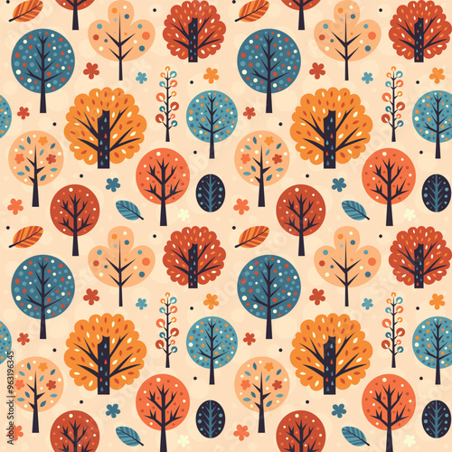 Autumn. Seamless pattern. Texture of trees and leaves. Hand drawn vector Illustration