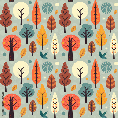 Autumn. Seamless pattern. Texture of trees and leaves. Hand drawn vector Illustration