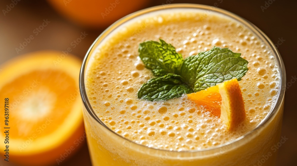 High-resolution close-up of a glass of orange smoothie with a frothy top, garnished with a mint leaf and a thin orange slice, highlighting its refreshing appeal. High-resolution close-up of a glass of orange smoothie with a frothy top, garnished with a mint leaf and a thin orange slice, highlighting its refreshing appeal.