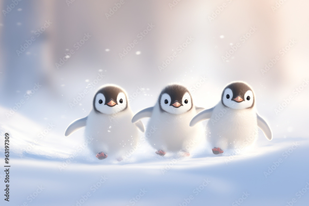 Three cute penguin chicks playing joyfully in a soft, snowy landscape. A heartwarming scene of winter happiness. Three cute penguin chicks playing joyfully in a soft, snowy landscape. A heartwarming scene of winter happiness.