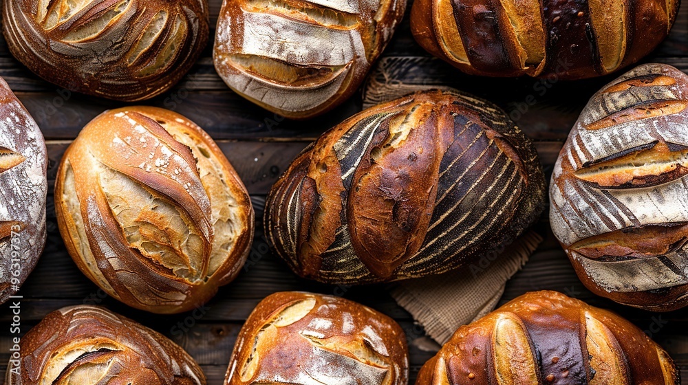 Freshly baked bread with crispy crust on wooden background Freshly baked bread with crispy crust on wooden background