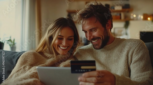 Laughing tablet or happy couple with credit card in home for ecommerce sale fintech web or order choice Funny joke easy payment or people with financial app online shopping or internet : Generative AI