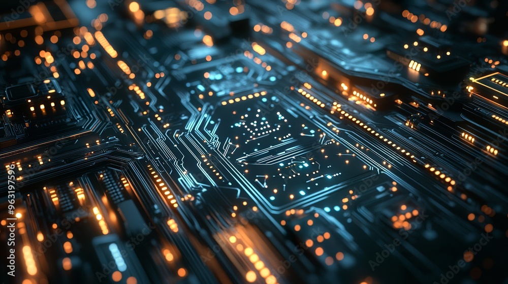 Advanced digital circuit board with orange and blue lights
