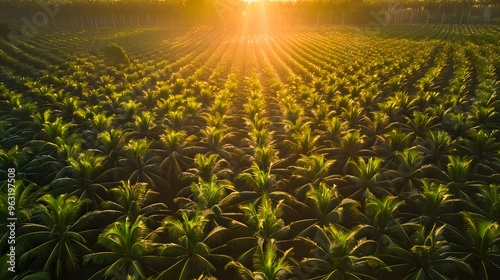 Aerial view of palm oil plantation during sunset. photo