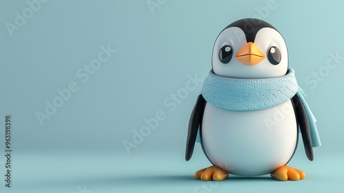 A cartoon penguin wearing a blue scarf stands on a light blue background.