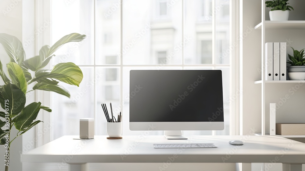Elegant home office with large window view and natural light, featuring a minimalist desk setup, a plant in the corner, and a serene bookshelf. Elegant home office with large window view and natural light, featuring a minimalist desk setup, a plant in the corner, and a serene bookshelf.
