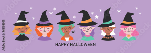 Halloween holiday cute witches character set. Childish print for cards, stickers, apparel and decoration. Vector illustration