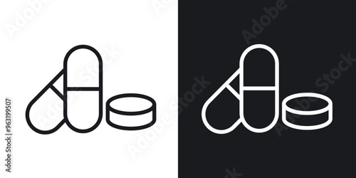 Medicine pills line icons in black and white photo