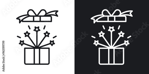 Open gift box line icons in black and white