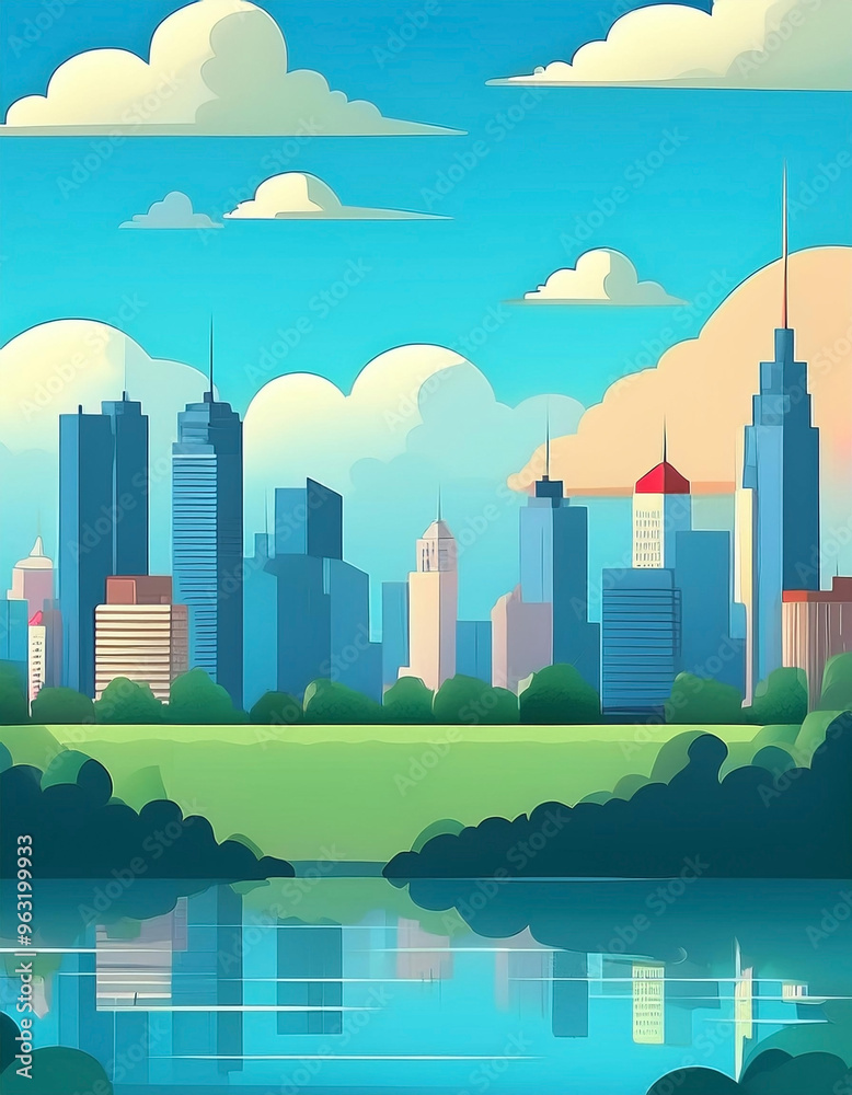 Fototapeta premium A simple City skyline at side river with flat art design illustration for postcard