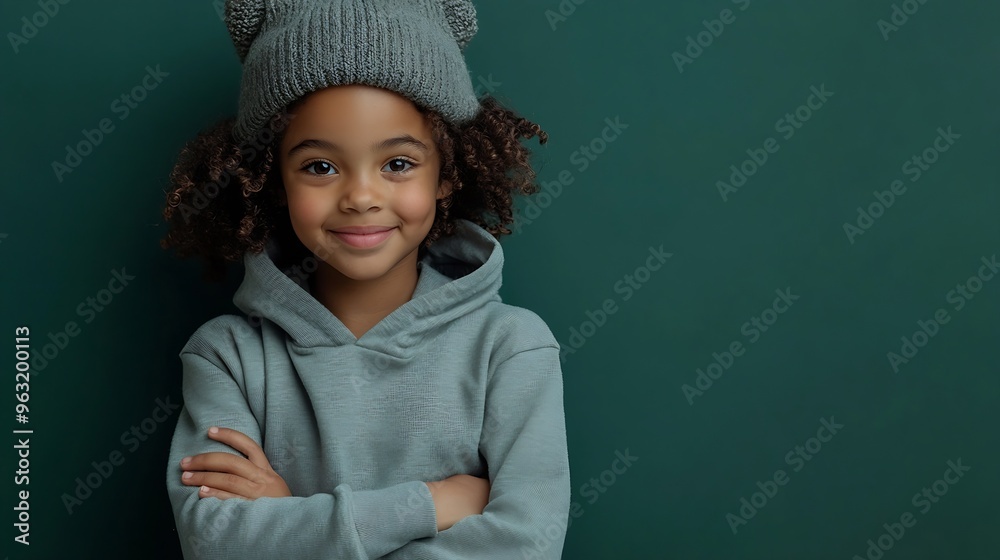 Full body cheerful happy little kid teen girl of African American ethnicity 1314 years old wear casual hoody hat hold hands crossed folded isolated on plain dark green background Child : Generative AI Full body cheerful happy little kid teen girl of African American ethnicity 1314 years old wear casual hoody hat hold hands crossed folded isolated on plain dark green background Child : Generative AI