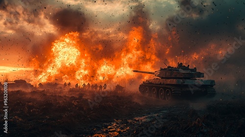 A tank drives through a field with a large explosion behind it. The tank is moving towards the camera and the explosion is creating a large cloud of smoke and debris.
