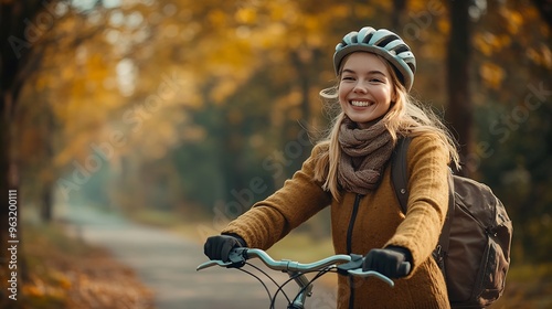 Outdoor cycling and woman with smile in park recreation and leisure with enjoyment in Netherlands Countryside nature and bicycle as transportation equipment and happy girl riding for f : Generative AI