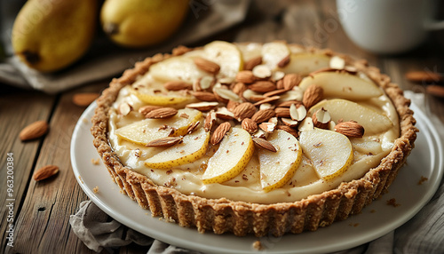 Delicious tart with poached pears and almond
