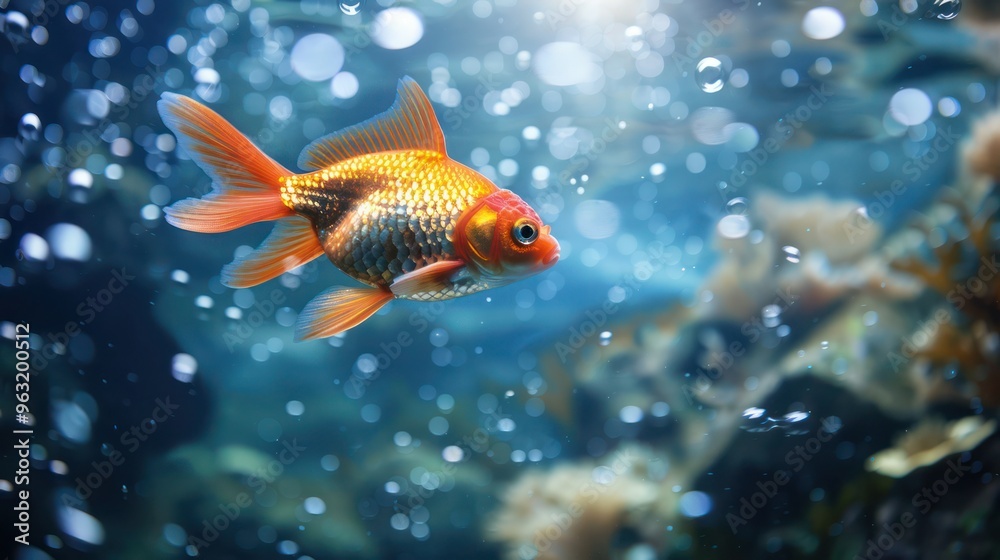 Goldfish swimming in a deep blue ocean with bubbles and coral. Concept Underwater, Goldfish, Ocean, Bubbles, Coral Goldfish swimming in a deep blue ocean with bubbles and coral. Concept Underwater, Goldfish, Ocean, Bubbles, Coral