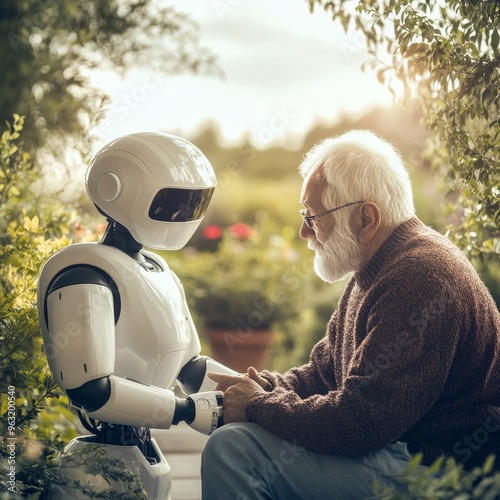 A touching moment between an elderly man and a friendly robot in a serene garden setting, showcasing companionship and technology. photo