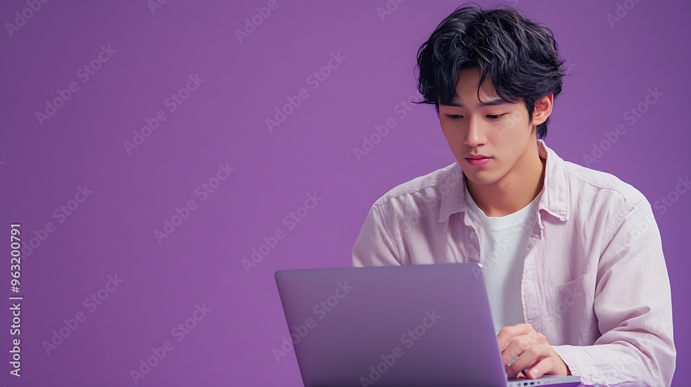 full body image of young asian man using laptop on purple background : Generative AI full body image of young asian man using laptop on purple background : Generative AI